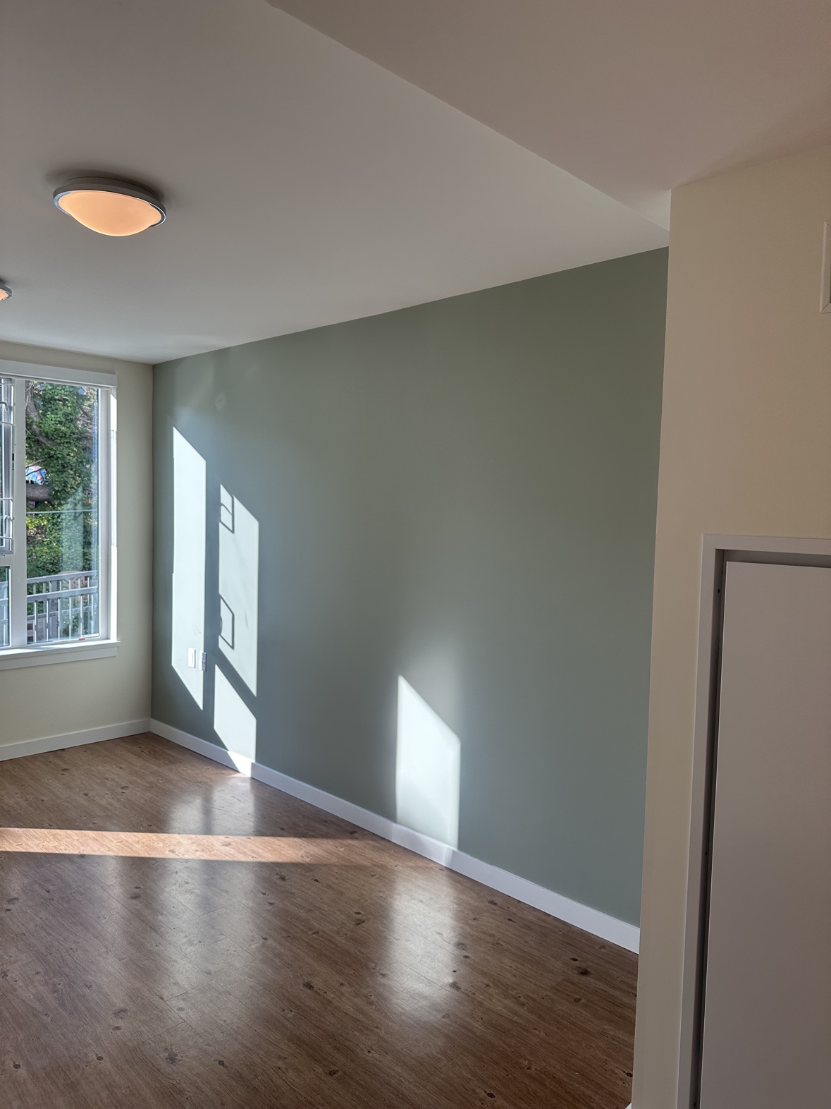 Apartment interior painting with a sage green feature wall by Rebirth Painting in Victoria, BC