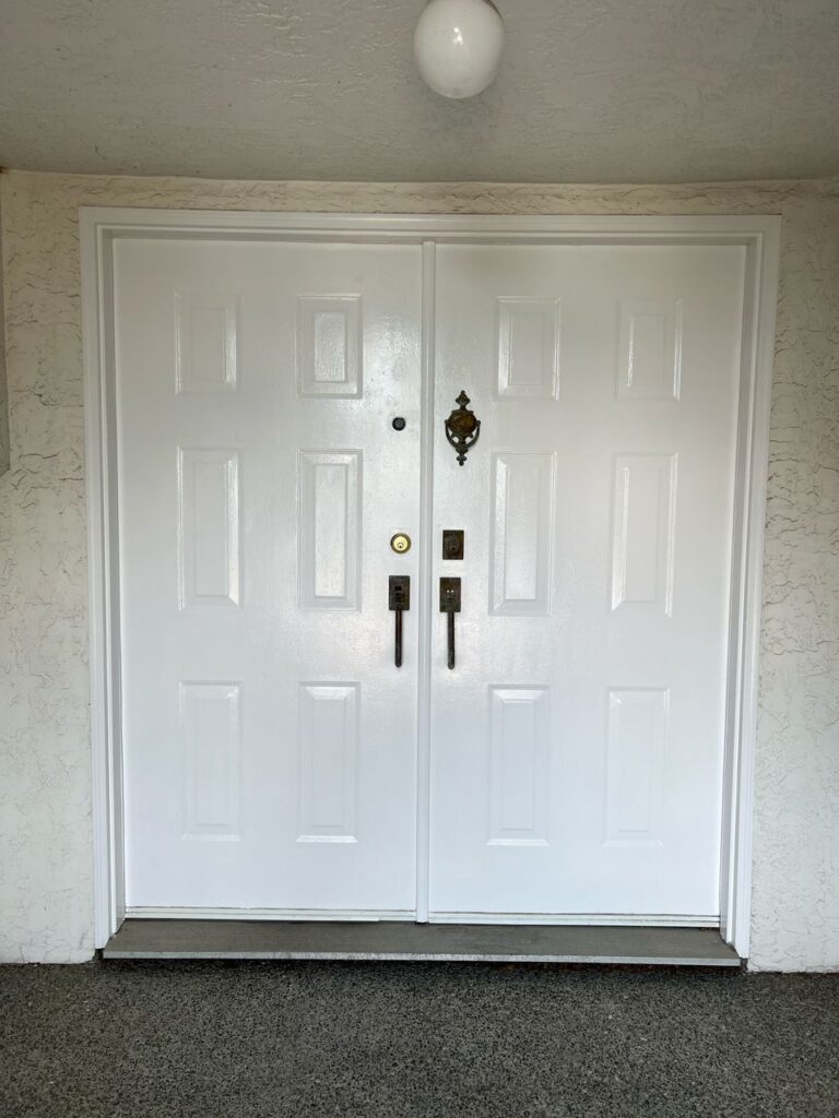 Front door painting white double door victoria by Rebirth Painting Ltd. in Victoria, BC