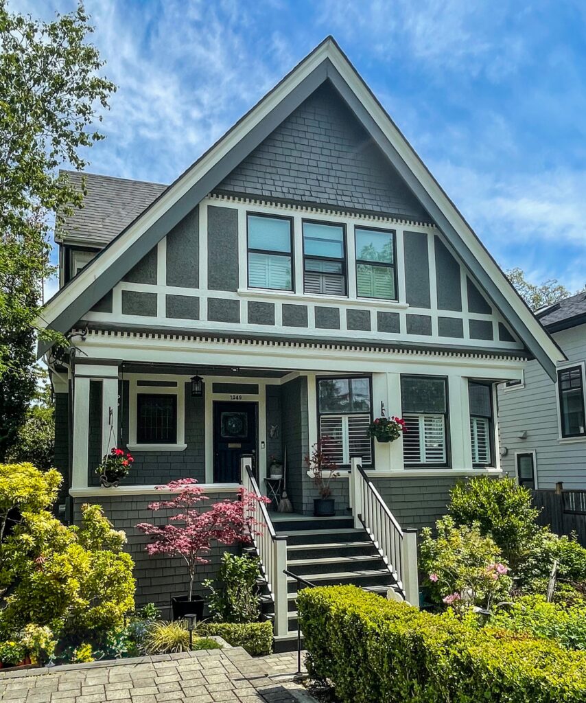 Victorian house exterior painting gray white trim victoria by Rebirth Painting Ltd. in Victoria, BC